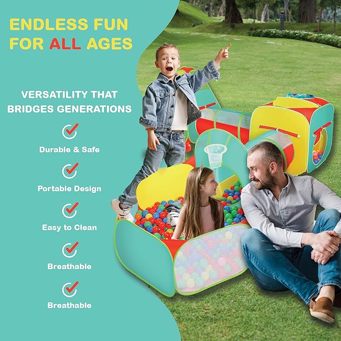 5pc Kids Play Tent for Toddlers with Ball Pit, Crawl Tunnel, Indoor & Outdoor Playhouse, Jungle Gym, Toys for Boys & Girls, Includes Dart Balls, Teepee & Basketball Hoops-CubbioJoy