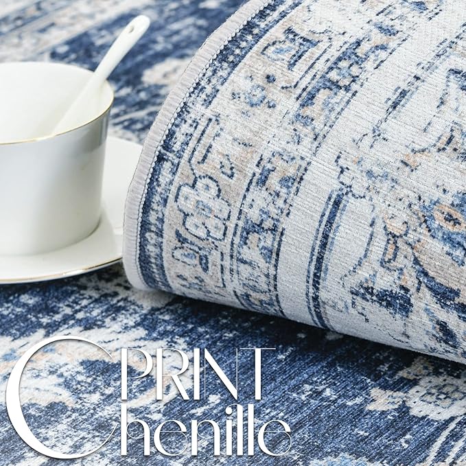 jinchan Runner Rug 2x6 Machine Washable Hallway Rug Dark Blue Vintage Floral Print Non-Slip Low Pile Ultra-Thin for Kitchen,Entryway,Laundry Room,Bedroom,Farmhouse (2‘x6’,Dark Blue)-CubbioJoy