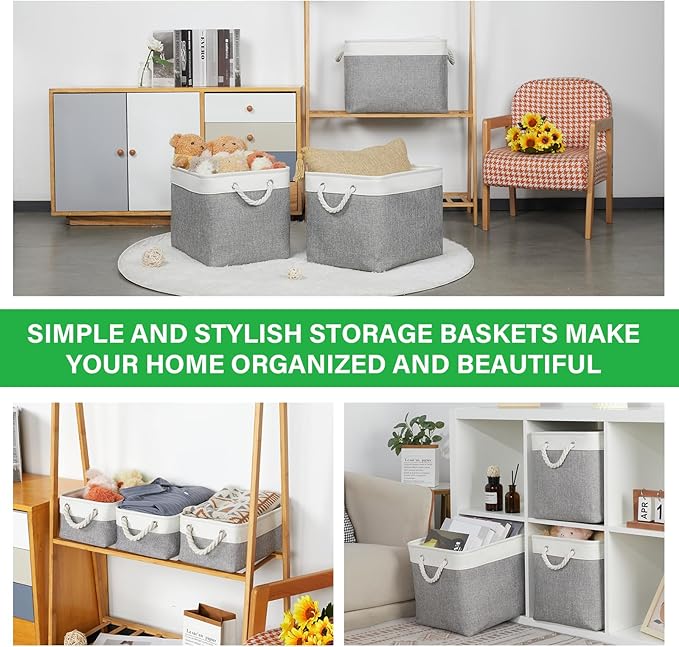 Bidtakay Large Storage Baskets for Organizing 3-Pack Fabric Closet Organizers Storage Bins with Handles 16x11.8x11.8 In Collapsible Baskets for Shelves Cloth Home Organization L-White&Grey-CubbioJoy