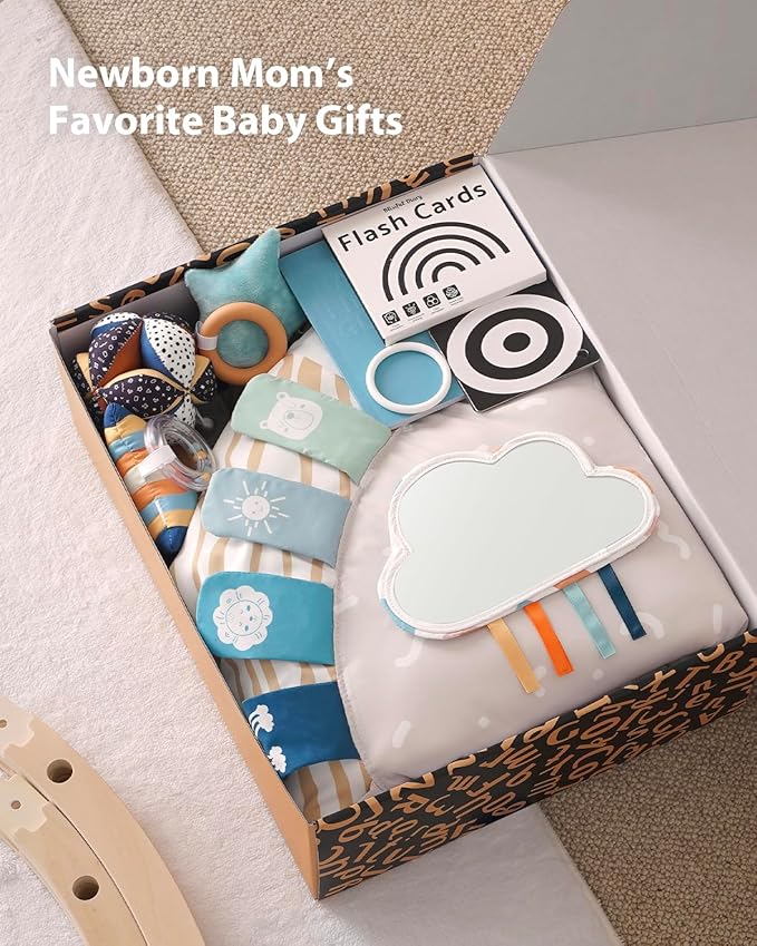 Blissful Diary Baby Play Gym & Activity Mat, 5 Developmental Zones Wooden Tummy Time Mat with 5 Detachable Sensory Toys for Motor Skills & Sensory Development, Baby Essentials Shower Gift-CubbioJoy