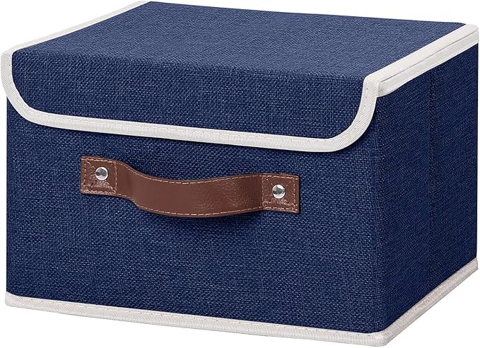 ANMINY Storage Bin with Lid Storage Boxes with PU Leather Handles PP Plastic Board Decorative Foldable Lidded Cotton Linen Fabric Home Cubes Baskets Closet Organizer Container - Blue, Small Size-CubbioJoy