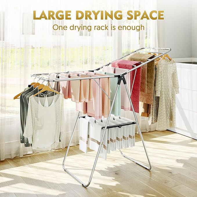 APEXCHASER Clothes Drying Rack, Drying Rack Clothing with Height-Adjustable, Foldable Gullwings Laundry Rack, Indoor Outdoor Use, No Assembly,Black-CubbioJoy