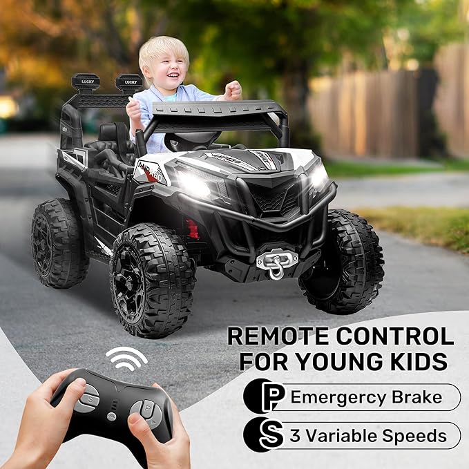 ANPABO 24V 4X4 Ride on Car Truck w/Remote Control, 4WD/2WD Switchable Kids UTV, 19" Spacious Seat, 4 Shock Absorbers, Soft Start, Music Player, Electric Car for Kids Ages 3+(White)-CubbioJoy