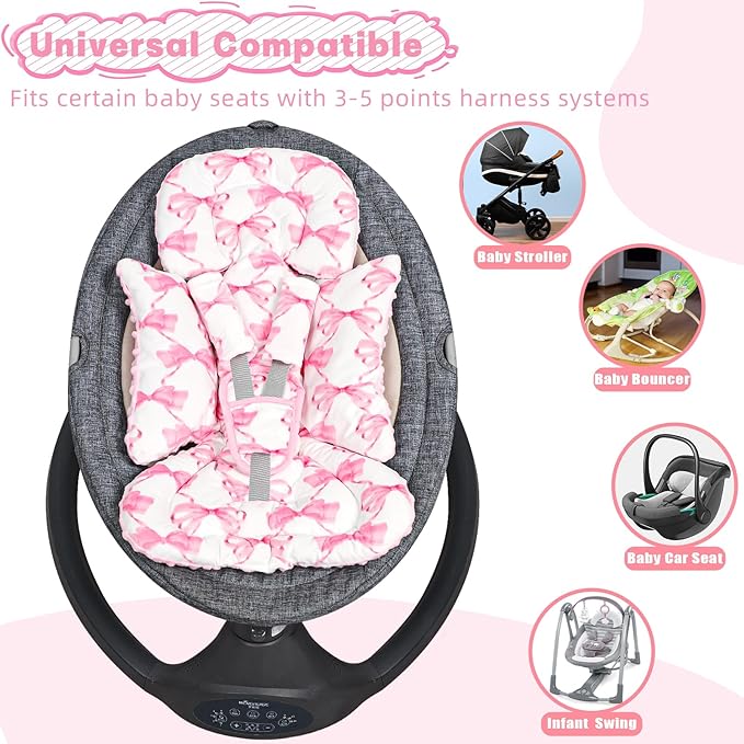 Infant Car Seat Insert, Soft Baby Car Seat Head & Body Support for Girl Boy, Reversible Newborn Preemie Carseat Insert Cushion with 3 Straps Pads, Fits Car Seat, Stroller, Swing, Bouncer, Pink Bow-CubbioJoy