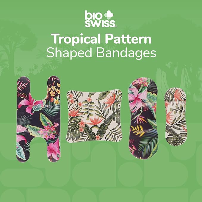 BioSwiss Bandages, Assorted Size Tropical Print Self Adhesive Bandage, Latex Free Sterile Wound Care, First Aid Kit Supplies for Kids and Adults, 60 Count-CubbioJoy