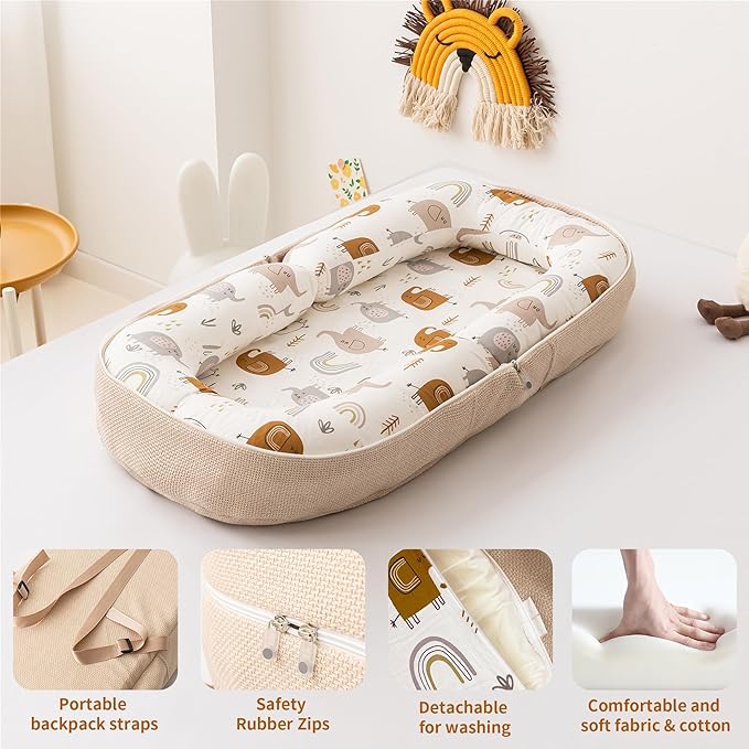 Baby Lounger, Foldable Infant Nest Pillow with Soft Memory Foam Mat, Cover with Adorable Pattern, Converts to Backpack for Easy Travel, 0-12 Months, White-CubbioJoy