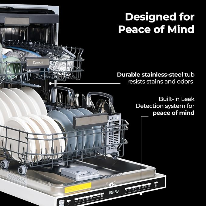 Kenmore 22-14629 24" Built-in Dishwasher-Quiet Tub with TurboDry, Leak, & SmartWash Soil Detection-15 Place Settings-49 DBA-Energy Star Certified, 24.61"D x 23.55"W x 33.88"H, Black-CubbioJoy