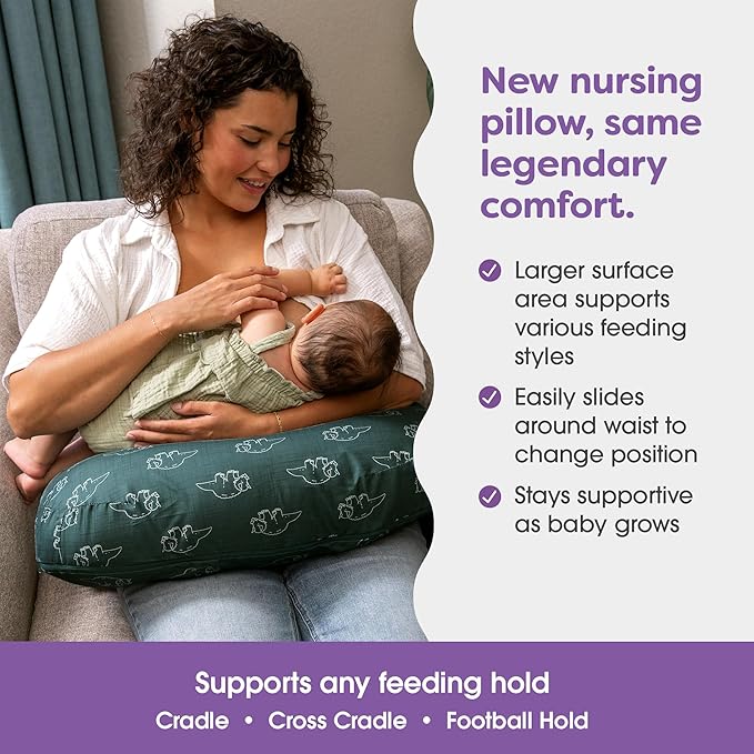 Boppy Nursing Pillow - Ergonomic Bottle & Breastfeeding Pillow with High, Firm, Large Area, Water-Repellent Cushion with Washable Cover; Baby Safety Alliance Verified - Forest Green Dinos-CubbioJoy