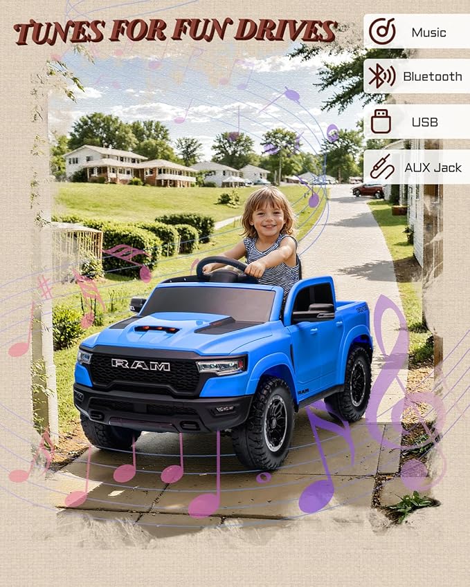 12V Kids Electric Vehicles, Licensed Ram 1500 RHO Kids Ride on Truck with Remote Control, Ride on Car for Children with Smooth Start, Truck Bed Storage, Bluetooth, Aux Port (Blue)-CubbioJoy