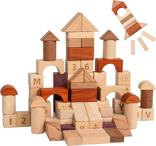 Alphabet Number Early Math Wooden Building Blocks Set - 86 Blocks in 6 Shapes with Wooden Storage Tray. Preschool Montessori Kids Toys. Stacking Learning Toys for Toddlers. Age 3 Years +-CubbioJoy