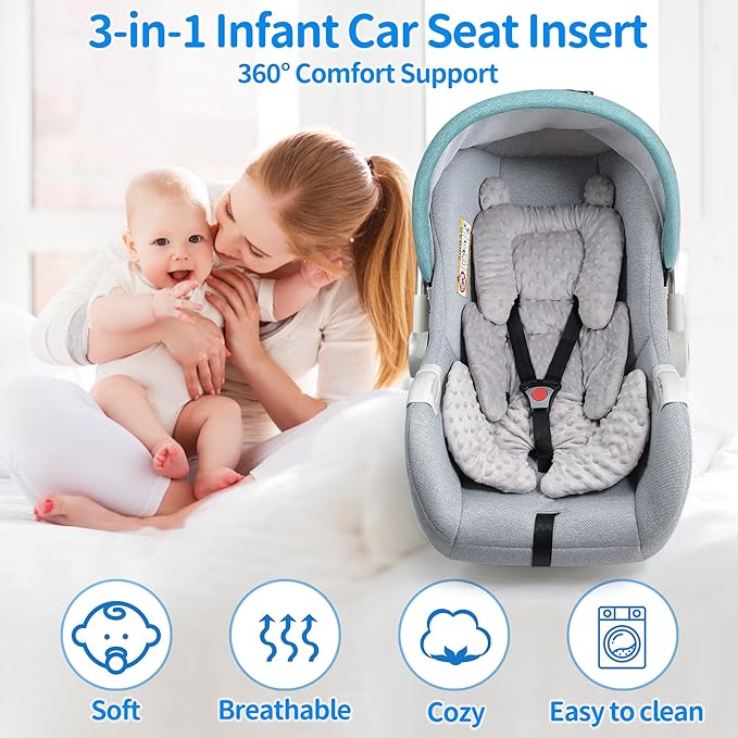 3in1 Baby CarSeat Head Support for Infant, Reversible Soft Infant Car Seat Insert Newborn Boy Girl, Breathable Cotton Head Body Support Pillow Cushion,Stroller,Swing,Bouncer,Baby Registry,Grey-CubbioJoy