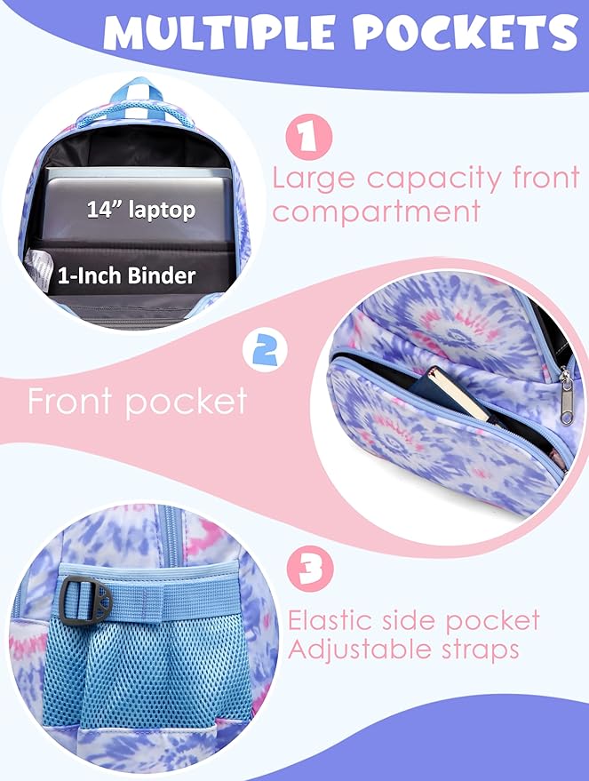 BLUEFAIRY Kids Backpack for Girls Elementary Primary Middle School Bags for Aged 8-10 for Teens Childs Bookbags Back to School Book Bags Cute Mochilas para Niñas Tie-dye Violet-CubbioJoy