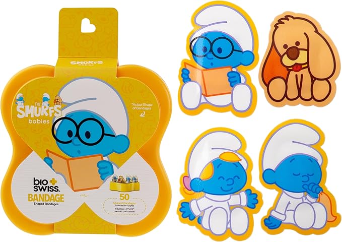 BioSwiss Bandages, The Smurfs Baby Smurf Shaped Self Adhesive Bandage, Latex Free Sterile Wound Care, Fun First Aid Kit Supplies for Kids and Adults, 50 Count Case-CubbioJoy