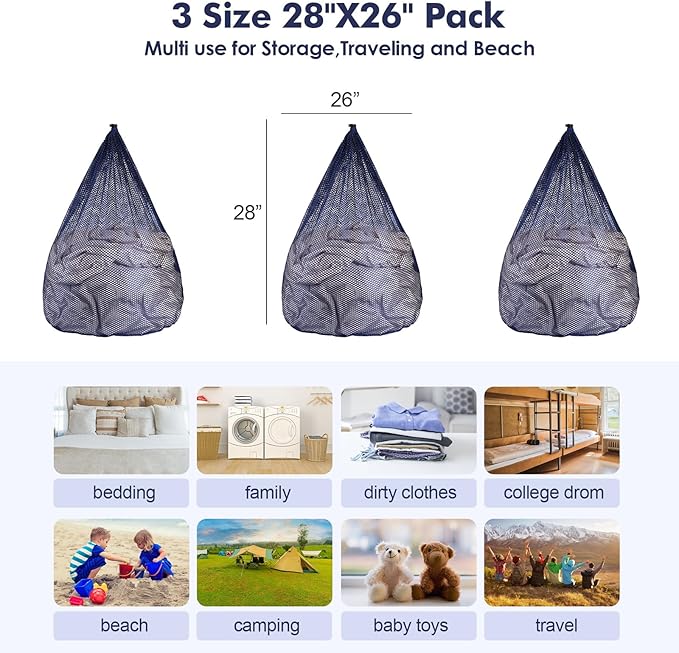 3Pcs Mesh Laundry Bags Washing Machine Mesh Wash Bags Jumbo for Delicates Clothes,Bed Linen,Toys with Drawstring Closure Sturdy(3 XXLarge 28 x 26 Inches, Blue)-CubbioJoy