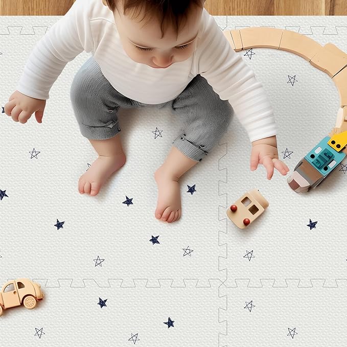 Baby Foam Play Mat, PIGLOG 72x48 Baby Crawling Mat, Floor Mats for Kids for Infants with Interlocking Floor Tiles, Toddler Playmats for Indoor and Outdoor, Easy to Clean Playroom Mats, Star-CubbioJoy