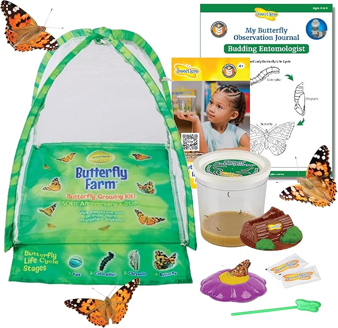 Insect Lore Butterfly Farm - Live Cup of 5 Caterpillars, Reusable Habitat, STEM Butterfly Activity Journal & Supplies - Grow, Observe and Release Painted Lady Butterflies-CubbioJoy