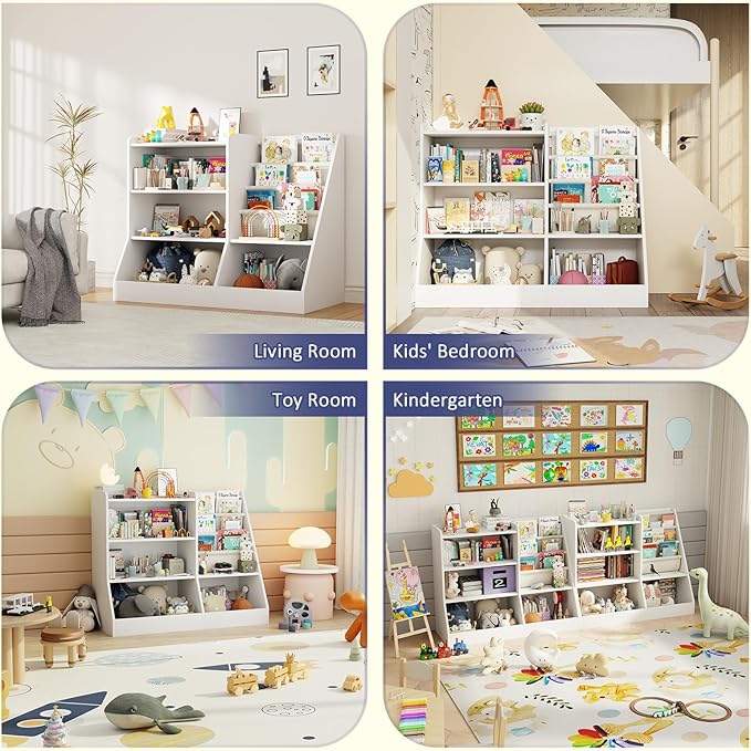 39" Large Kids Wooden Bookshelf and Toy Storage Organizer, Baby Bookcase with Sling Book Rack, Children Toddler Wooden Book Shelf for Kids Rooms, Playroom, Classroom, Nursery, School (White)-CubbioJoy