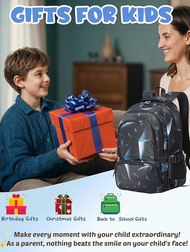 BLUEFAIRY Kids Backpack for Boys Elementary Primary Middle School Bags for Childs Book Bags Bookbags Lightweight Padded Straps Back to School Mochilas para Niños 17" Black/Blue-CubbioJoy