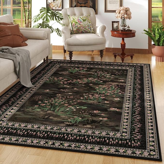 Area Rugs 8x10 Clearance Impressionist-Style Vintage Washable Area Rug Non Slip Low Pile Large Rug for Bedroom Farmhouse Dining Room Kids Playroom, Black-CubbioJoy
