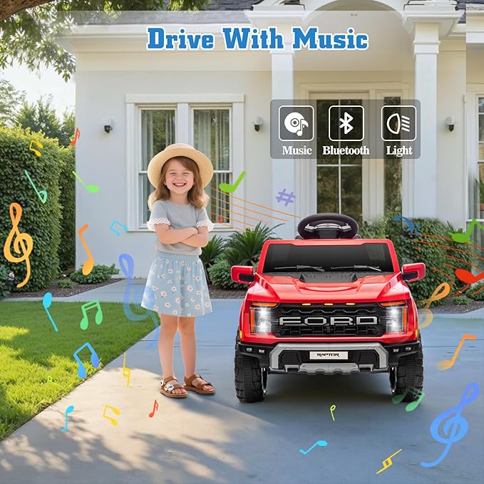 12V Ride on Car Licensed Ford F-150 Raptor, Kids Electric Car with Remote Control, LED Light/Music/MP3, Truck Bed Storage, 3-Point Seat Belt (12V, Red)-CubbioJoy
