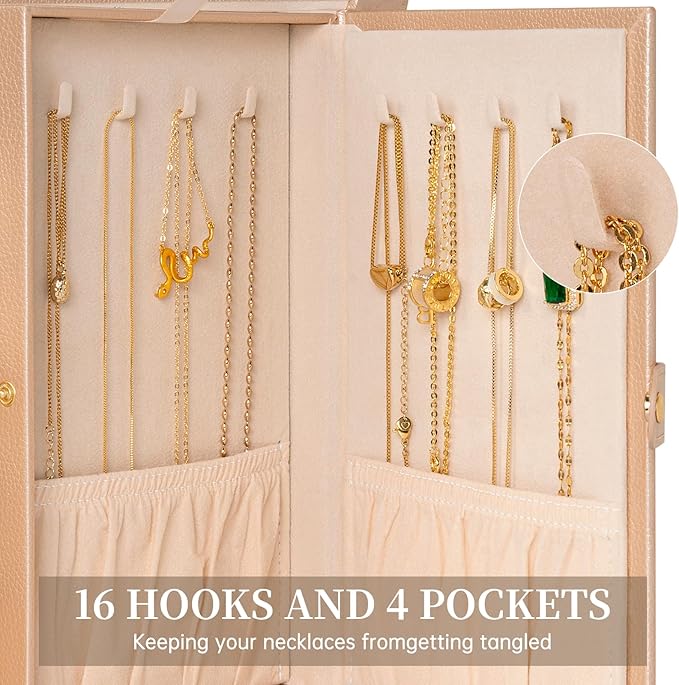 AKOZLIN 6-Tier Jewelry Box Organizer Functional 5 Drawers Leather Jewelry Storage Case for Women Girls Ring Necklace Earring Bracelet Holder Organizer with Mirror Champagne-CubbioJoy