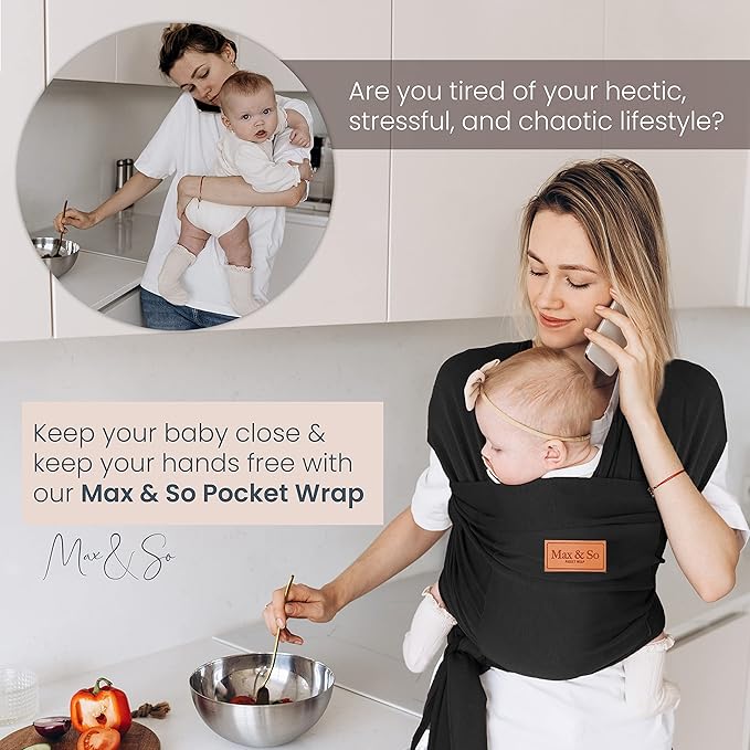 Baby Wrap Carrier - Premium Cotton Baby Carrier Wrap for Newborn to Toddler- Infant Carrier- Baby Holder One Size Fits All with Front Pocket (Black) by Max&so-CubbioJoy