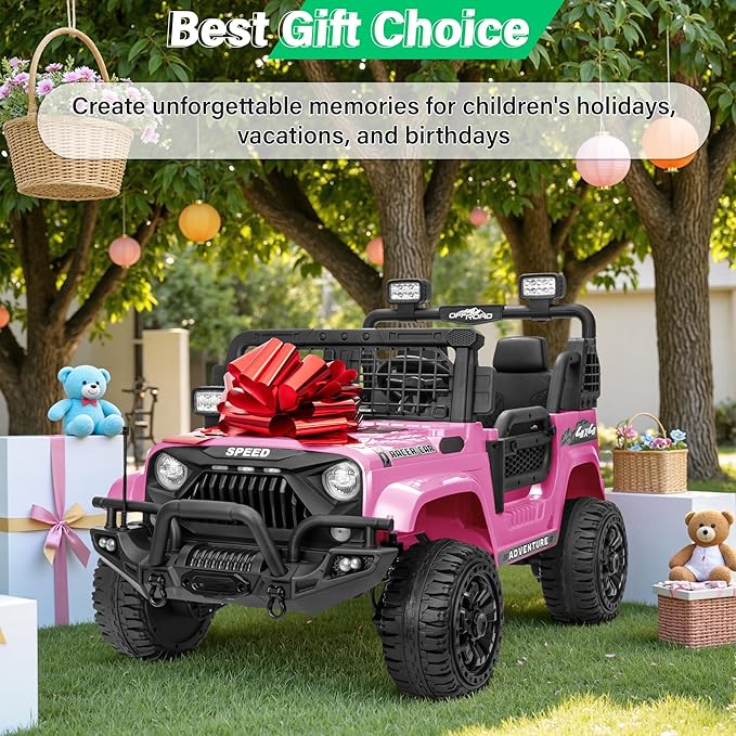 2 Seater Ride On Car Truck with Remote Control XL, Kids 24V Battery Powered Electric Vihicle w/21 in Seat, 3 Speeds, 2WD/4WD Switichable, Shock Absorbers,Bluetooth, Flower, Gift Choice-CubbioJoy