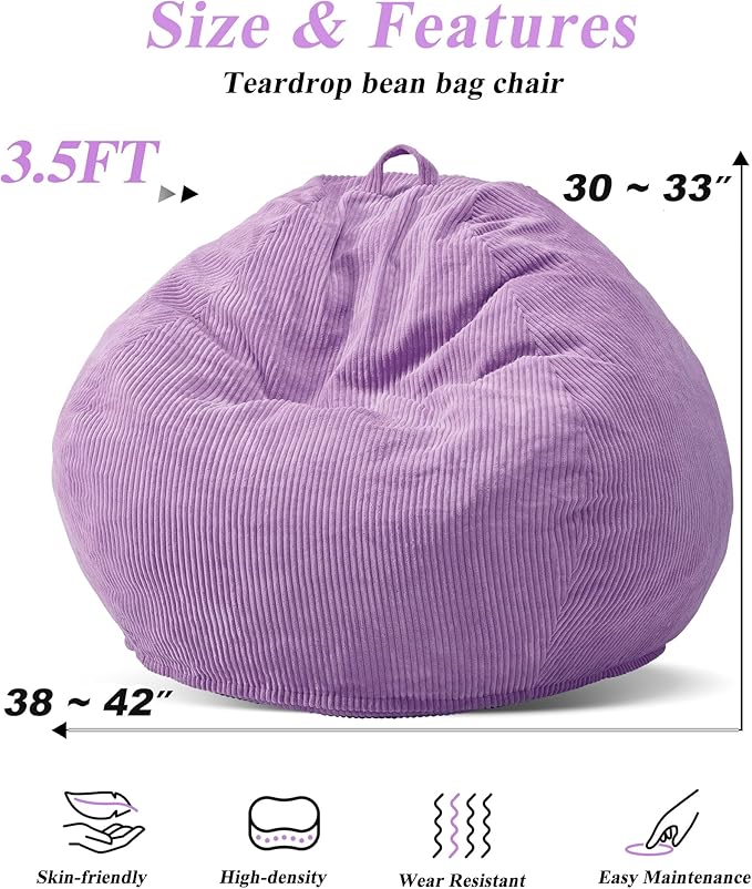 3.5FT Bean Bag Chairs Teardrop Bean Bag Chair for Adults Beanbag Chair with Memory Foam Filled Machine Washable Cover for Living Room, Bedroom (Large,Purple)-CubbioJoy