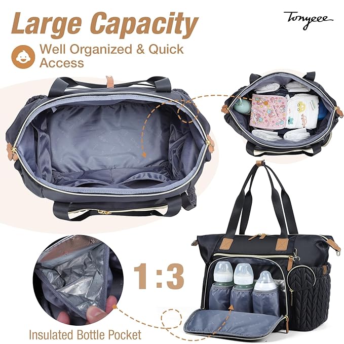 Diaper Bag Tote, Large Diaper Bags Waterproof, Hospital Bag for Labor Delivery, Baby Bag with Pacifier Case, Travel Diaper Tote with Changing Pad, Black-CubbioJoy