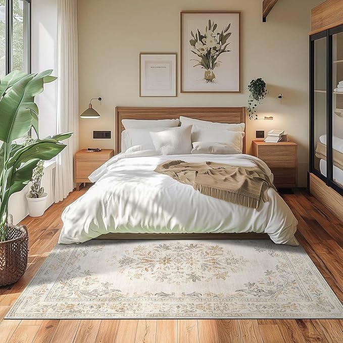 jinchan Vintage Floral 4x6 Area Rugs - Machine Washable Distressed Design Soft Ultra-Thin Low-Pile Non-Slip Carpet for Entryway Kitchen Bedroom Nursery Living Room Dining Room (4x6ft,Light Grey)-CubbioJoy