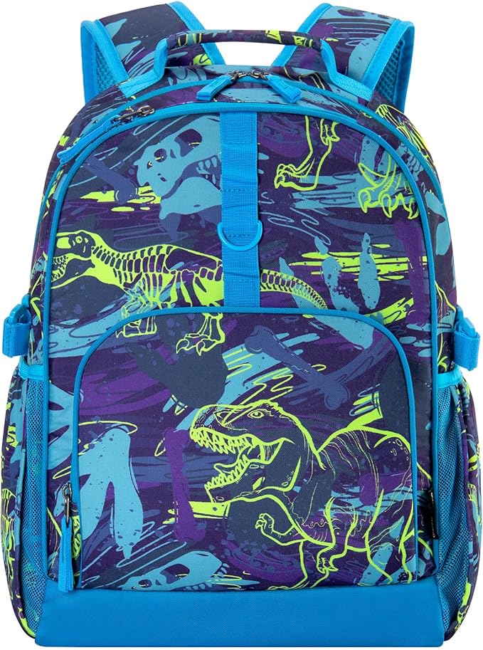 Choco Mocha Dinosaur Backpack for Boys, Elementary School Backpack for Boys Ages 6-8 Kids Kindergarten Backpack Bookbag 17 Inch with Chest Strap, Blue-CubbioJoy