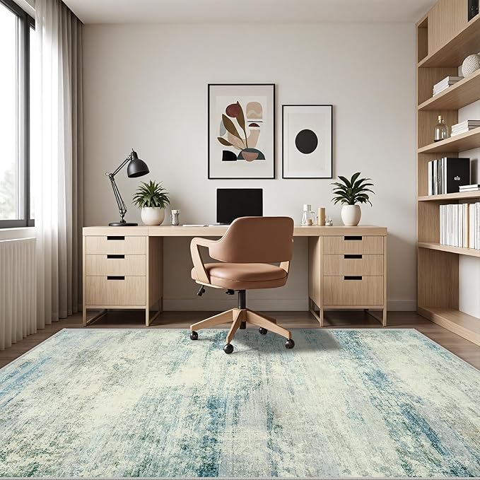 Area Rug 9x12 Washable Rugs: Abstract Large Living Room Rugs with Non-Slip Backing, Thin Carpet for Dining Room Table Bedroom Nursery Indoor Home Office-Blue/Gray-CubbioJoy