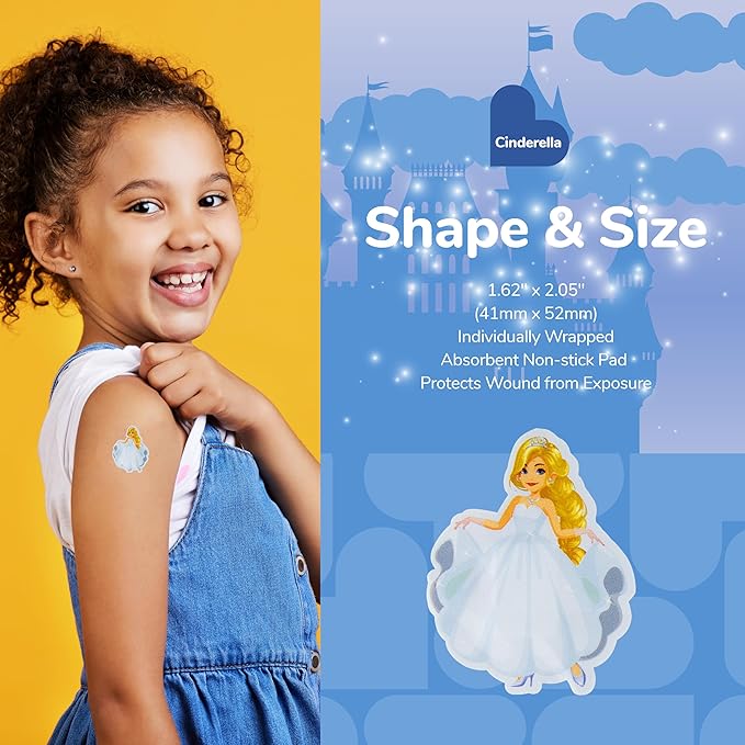 BioSwiss Bandages, Princess Cinderella Shaped Self Adhesive Bandage, Latex Free Sterile Wound Care, Fun First Aid Kit Supplies for Kids and Adults, 50 Count-CubbioJoy