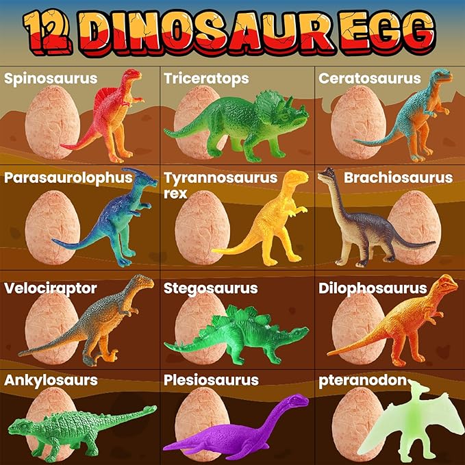 Dino Eggs Excavation Dig Kit-12 Unique Dinosaur Eggs with Educational Learning Cards -Easter Eggs STEM Science Activities - Educational Toy Gift for Kids Boys Girls Age 3+-CubbioJoy