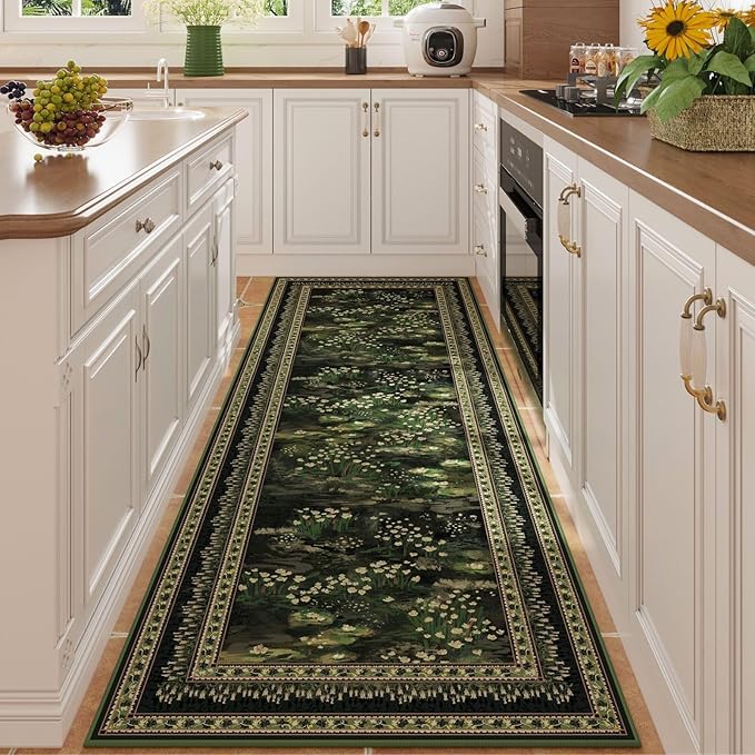 2x6 Runner Rug Impressionist-Style Vintage Kitchen Rugs Non Slip Washable Soft Carpet Runner for Kitchen Laundry Bedroom Bathroom, Green-CubbioJoy