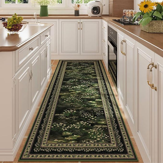 2x6 Runner Rug Impressionist-Style Vintage Kitchen Rugs Non Slip Washable Soft Carpet Runner for Kitchen Laundry Bedroom Bathroom, Green-CubbioJoy