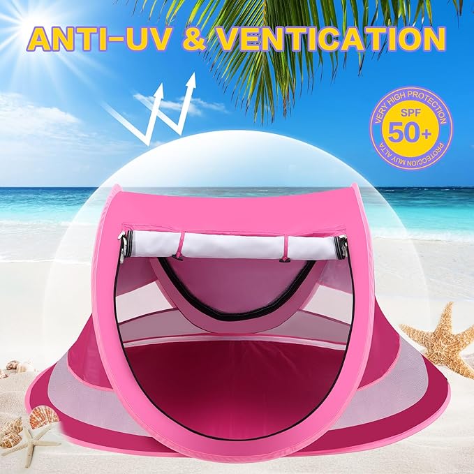 Baby Beach Tent with Baby Hat, Pop Up Toddler Travel Bed with Sun Hat for Boys or Girls, Sun Shade for Toddler Camping, Infant Portable Sun Shade, Summer Beach Baby-CubbioJoy