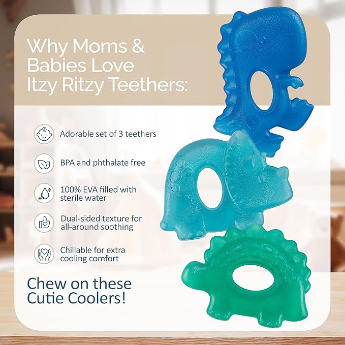 Itzy Ritzy Water-Filled Teethers - Cold Cutie Coolers Textured On Both Sides to Massage Sore Gums & Emerging Teeth - Can Be Chilled in Refrigerator, Set of 3 Coordinating Dinosaur Water Teethers-CubbioJoy