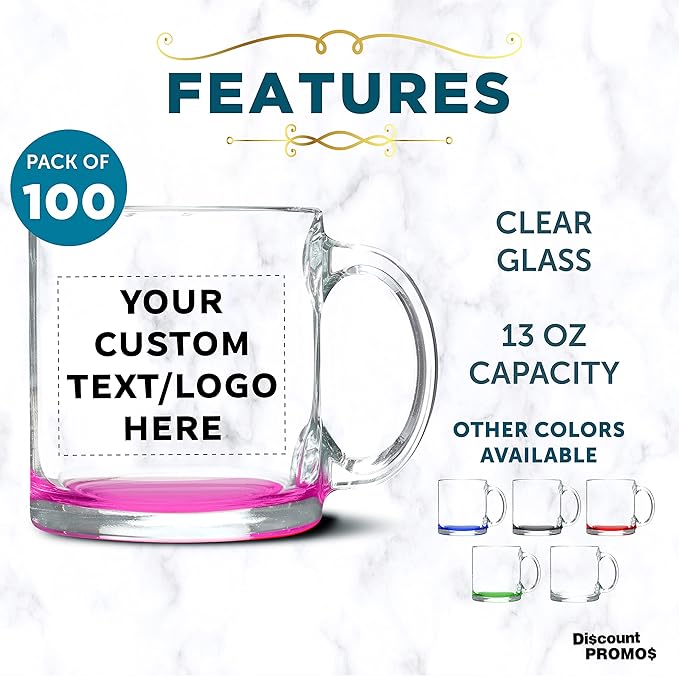 Custom Libbey Clear Glass Coffee Mugs 13 oz. Set of 100, Personalized Bulk Pack - Perfect for Coffee, Tea, Espresso, Hot Cocoa, Other Beverages - Pink Bottom-CubbioJoy