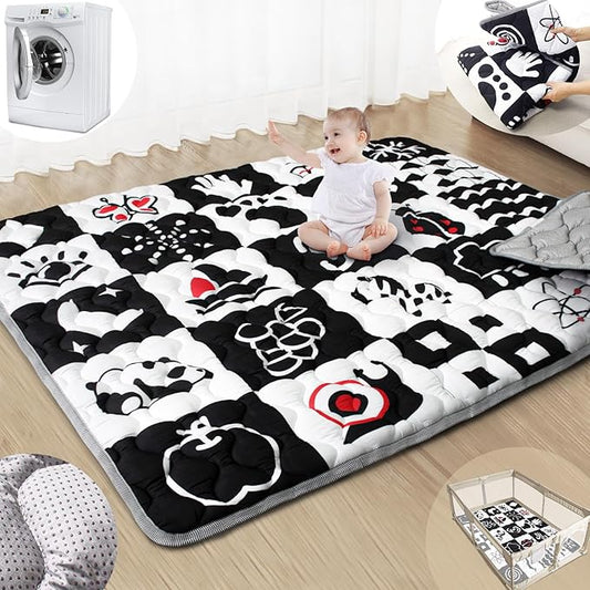 Baby Play Mats for Floor, 71”x59” Upgraded Thickness & Larger Super Soft Playmat for Babies and Toddlers, Foldable Washable, Upgrade Anti-Slip Crawling Mat for Playpen(High Contrast)-CubbioJoy