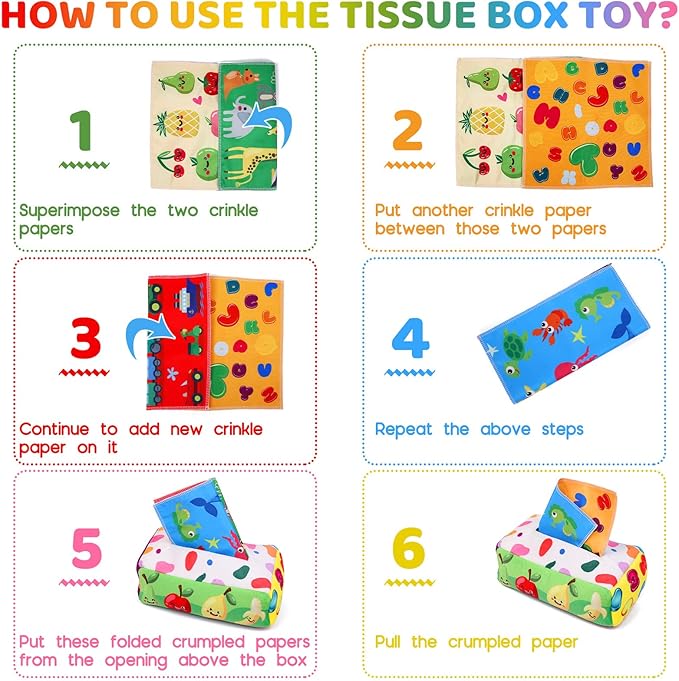 Baby Toys 6 to 12 Months - Tissue Box Toy Montessori for Babies 6-12 Months, Soft Stuffed High Contrast Crinkle Infant Sensory Toys, Boys&Girls Kids Early Learning Gifts-CubbioJoy