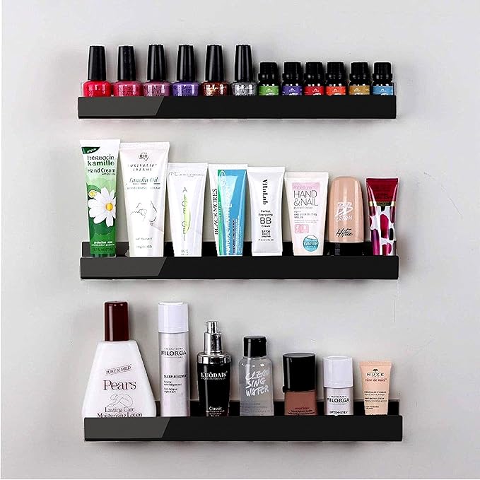 4 Pack 15 Inch Black Acrylic Shelves, Black Kids Floating Bookshelf for Kids Room, Modern Nail Polish Rack Sunglasses Essential Oil Picture Ledge Display Toy Storage Wall Shelf-CubbioJoy