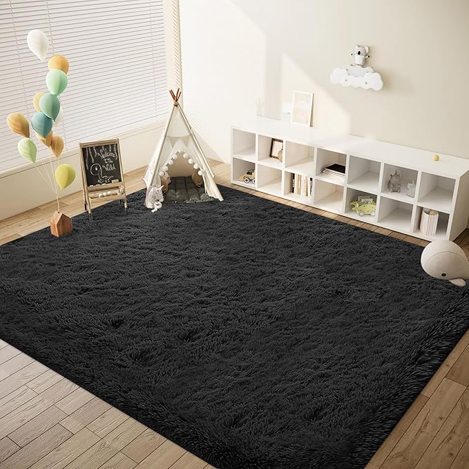 6x9 Area Rug for Living Room: Fluffy Shag Soft Washable Rugs Large Fuzzy Plush Indoor Carpet for Bedroom Nursery Playroom Kids Girls Boys Room (Black, 6'x9')-CubbioJoy
