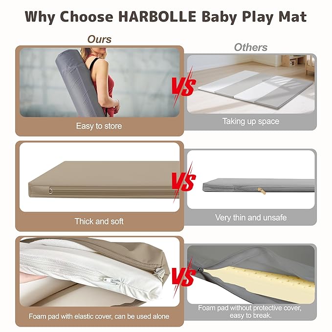 Baby Play Mat 47x47 Inches, Extra Thick 1.2" Foam Floor Mat for Tummy Time & Crawling, Waterproof Non-Slip Faux Leather Playpen Mat for Infants Toddlers, Indoor Outdoor Gym Activity, Brown-CubbioJoy