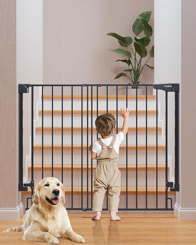 Cumbor 34" Extra Tall No Bottom Bar Baby Gate for Stairs, Auto Close Dog Gate Indoor for Larger Pets, 29.2-43" Hardware Mounted Safety Gate for Doorways, Wide Walk Thru Door for Easy Access (Black)-CubbioJoy