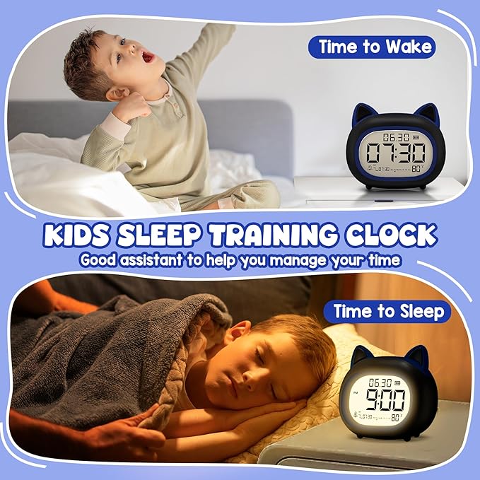 Kids Alarm Clock with Night Light for Kids, Small Digital Alarm Clocks for Bedrooms, Routine Builder, Cute Cat Alarm Clock with Sleep Training, Snooze, 12/24H, Date & Day, Temperature, USB Port-CubbioJoy