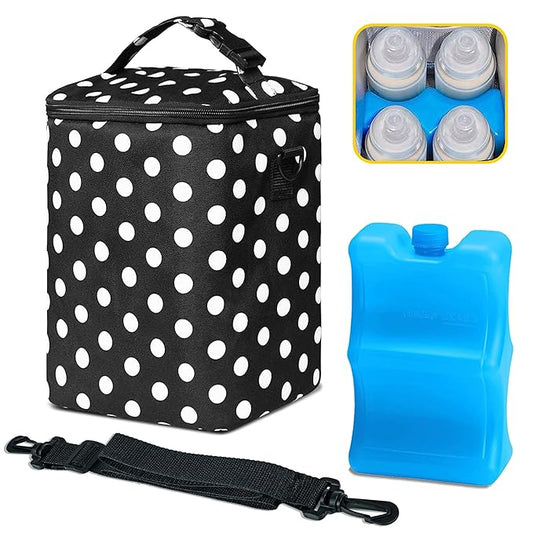 Breastmilk Cooler Bag with Ice Pack Fits 4 Baby Bottles Up to 9 Ounce Insulated Baby Bottle Bag Breast Milk Cooler on The Go with Strap Baby Bottle Cooler Bag for Nursing Mom Daycare or Travel-CubbioJoy