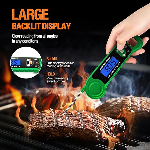 Digital Meat Thermometer for Grilling, Candy Thermometer Instant Read Food Thermometer Waterproof with Backlight for Cooking, Deep Fry, BBQ, Grill, Smoker and Roast (Green)-CubbioJoy