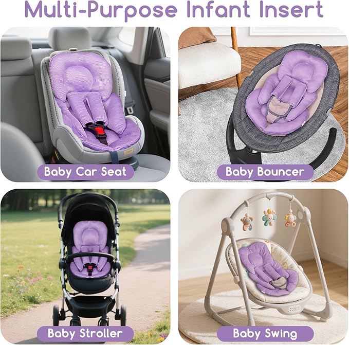 Infant Car Seat Insert for Newborn Girls Boys, Summer Mesh Baby Carseat Head Support with Strap Pads, Soft Reversible Baby Car Seat Insert Cushion Pad for Car Seat, Stroller, Bouncer, Swing, Purple-CubbioJoy