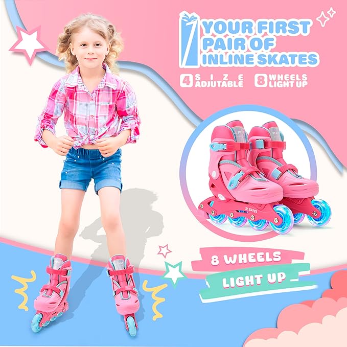 2PM SPORTS Inline Skates with Light Up Wheels, Roller Skates Blades for Boys Girls Kids Ages 5-8 8-12 4-6 6-12, Size Adjustable Beginner Blades Roller Skates-CubbioJoy